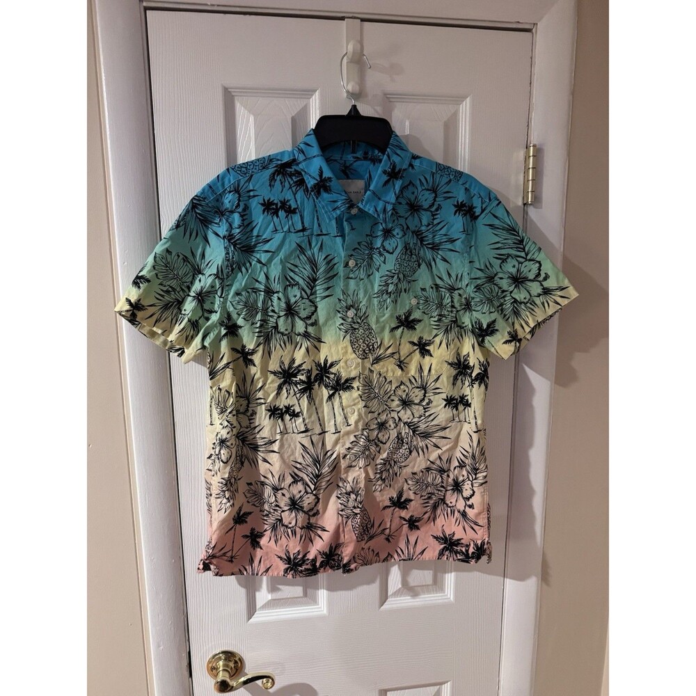 American Eagle Shirt Mens Large Blue Yellow Pink Ombre Tropical Button Down